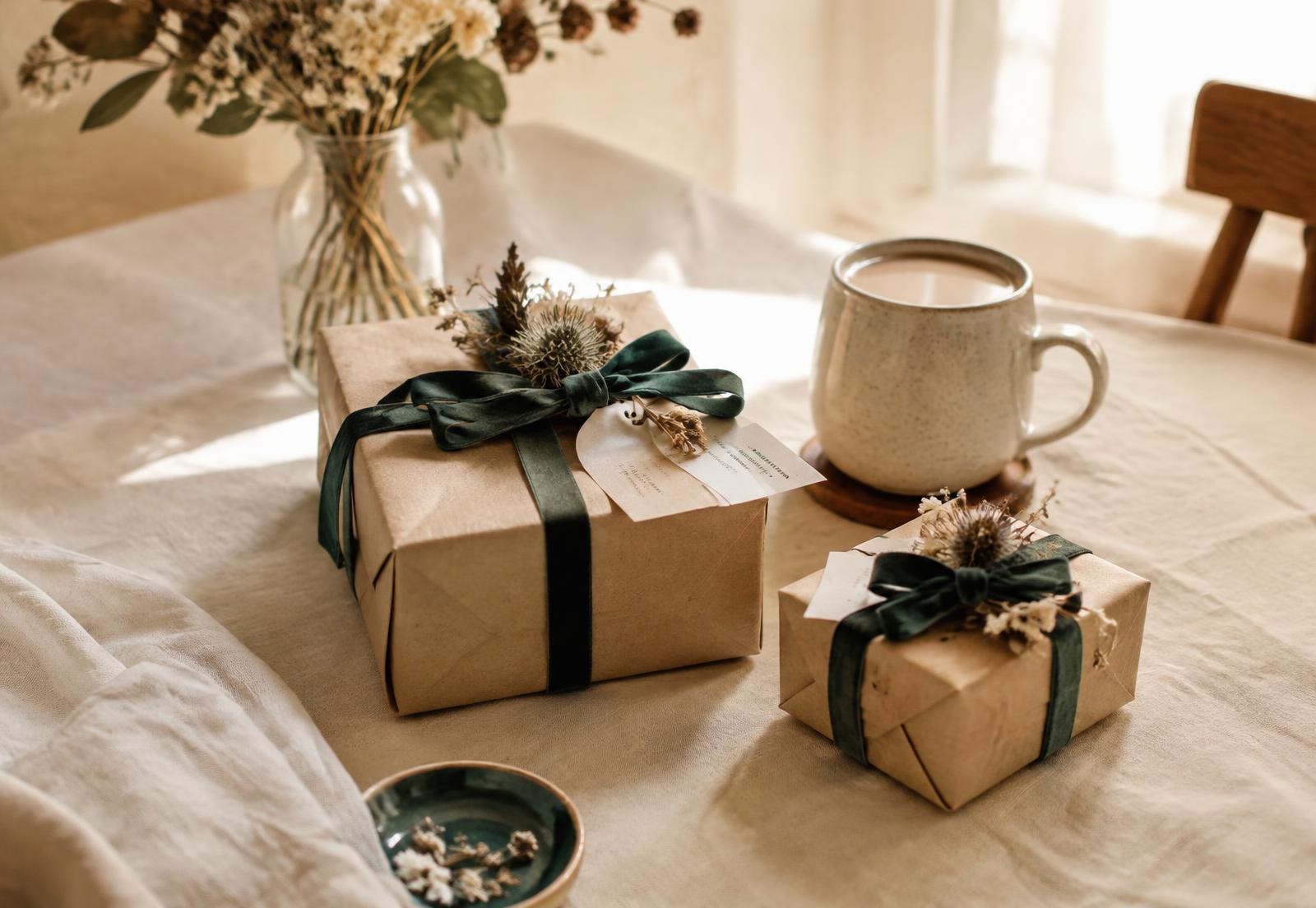 Hand-wrapped gifts with green ribbon